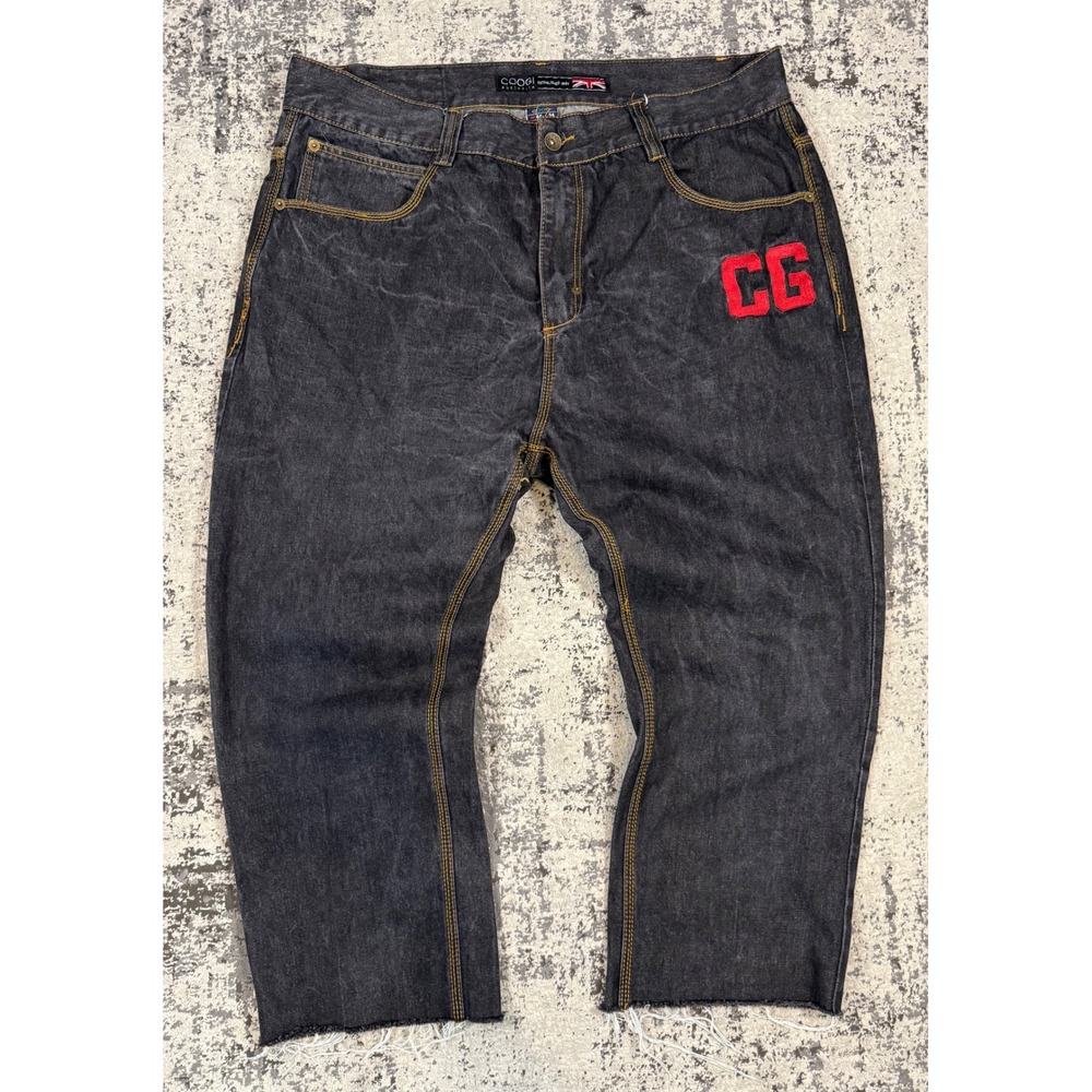 COOGI Mens 44x26 Black Embroidered‎ Denim Jeans Cropped Y2K Hip Hop Baggy